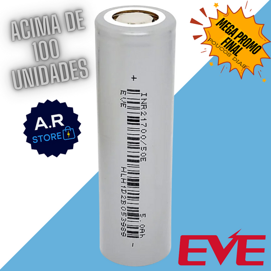 Acima de 100 unidades EVE 50E 5000mAh 21700 3C - 1000 Ciclos [PRODUTO ORIGINAL]